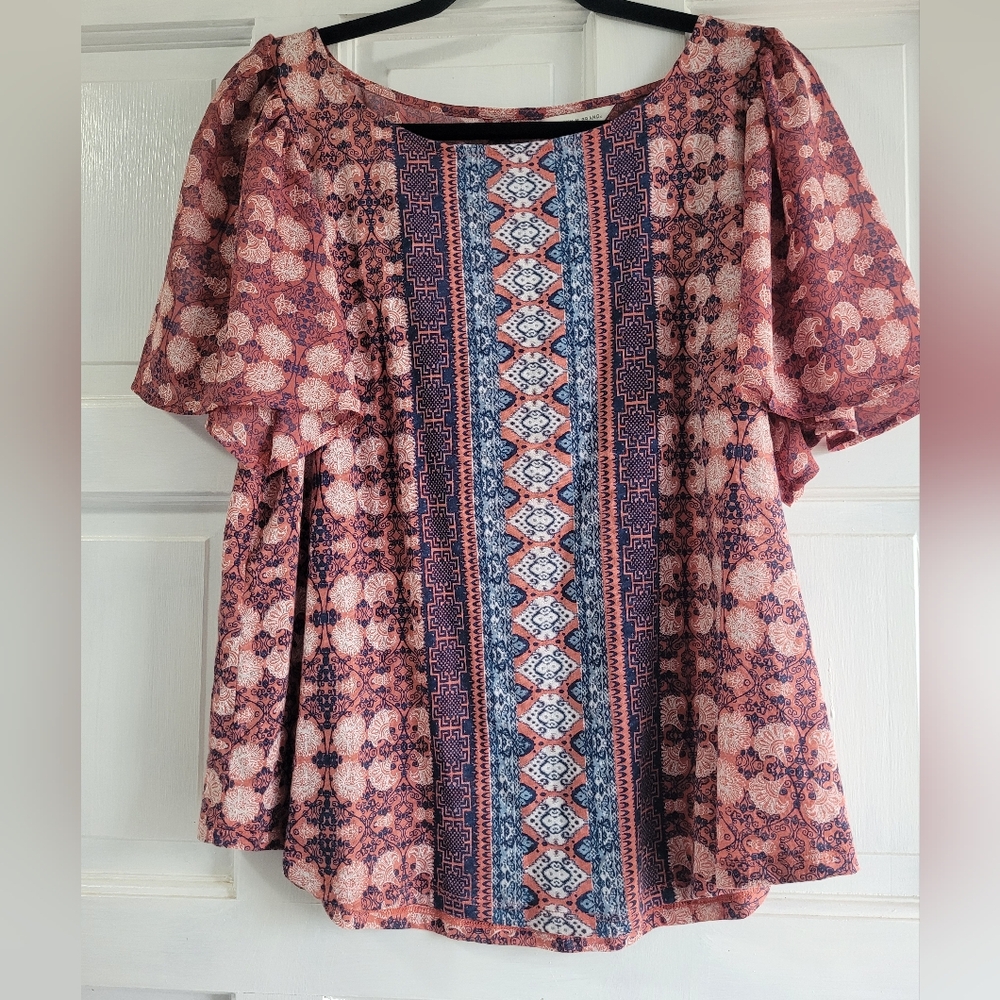 Lucky Brand Bohemian Print Women's Short Sleeve Top Size Large, Pink Blue NWT